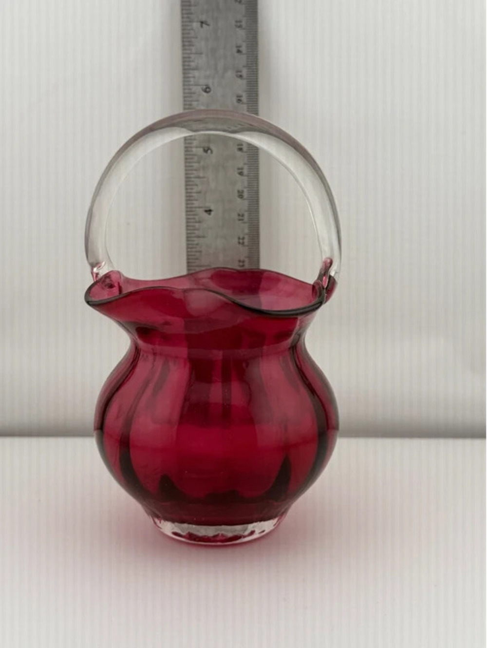 Vintage Cranberry Art Glass Basket Clear Applied Handle Ruffled Rim
